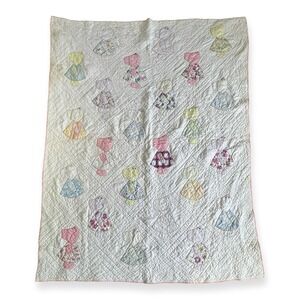 Vintage Sunbonnet Sue Hand Quilted Baby Blanket Pink White Cotton 96x64